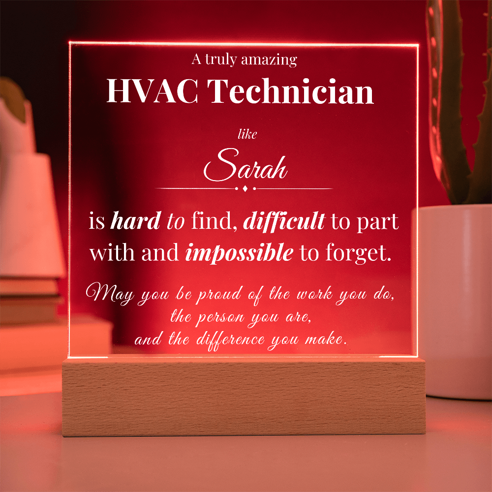 Custom HVAC Technician Desk Name Plate - Personalized Acrylic Plaque with LED Base