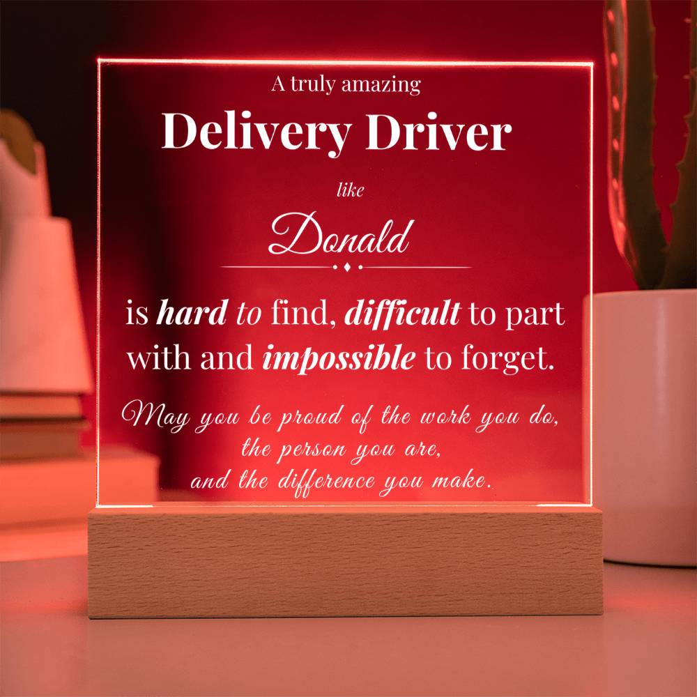 Custom Delivery Driver Desk Name Plate - Personalized Acrylic Plaque with LED Base
