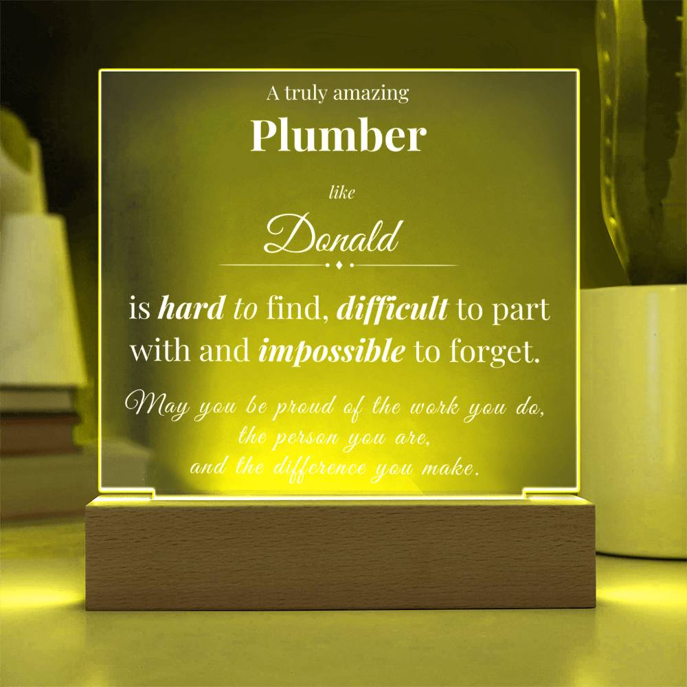 Custom Plumber Desk Name Plate - Personalized Acrylic Plaque with LED Base