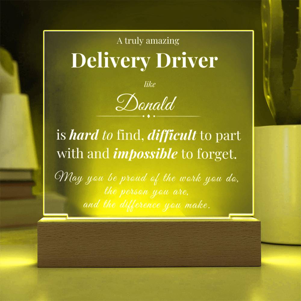 Custom Delivery Driver Desk Name Plate - Personalized Acrylic Plaque with LED Base