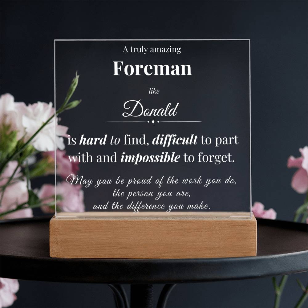 Custom Foreman Desk Name Plate - Personalized Acrylic Plaque with LED Base
