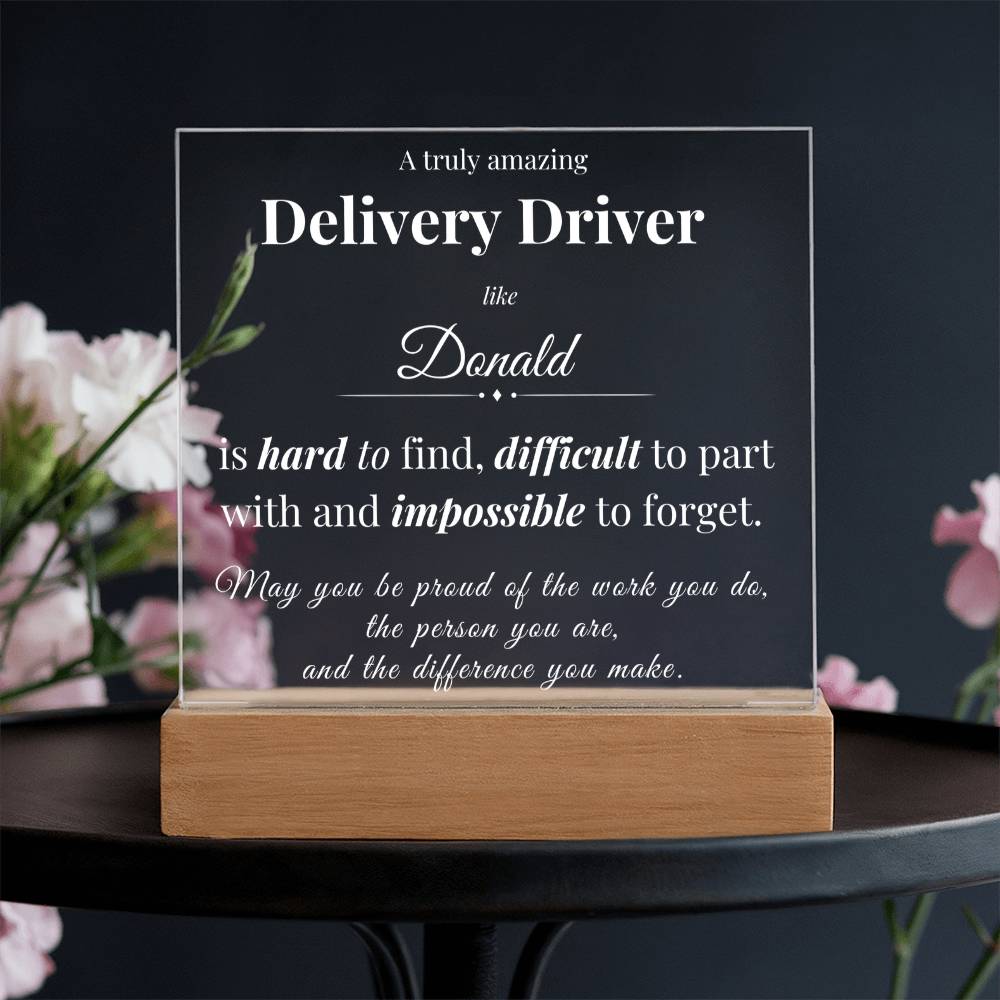 Custom Delivery Driver Desk Name Plate - Personalized Acrylic Plaque with LED Base