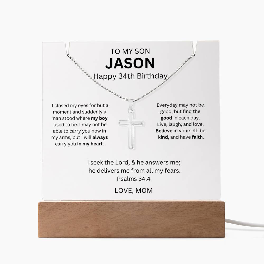 Son Cross Necklace With 34th Birthday Message Card Plaque