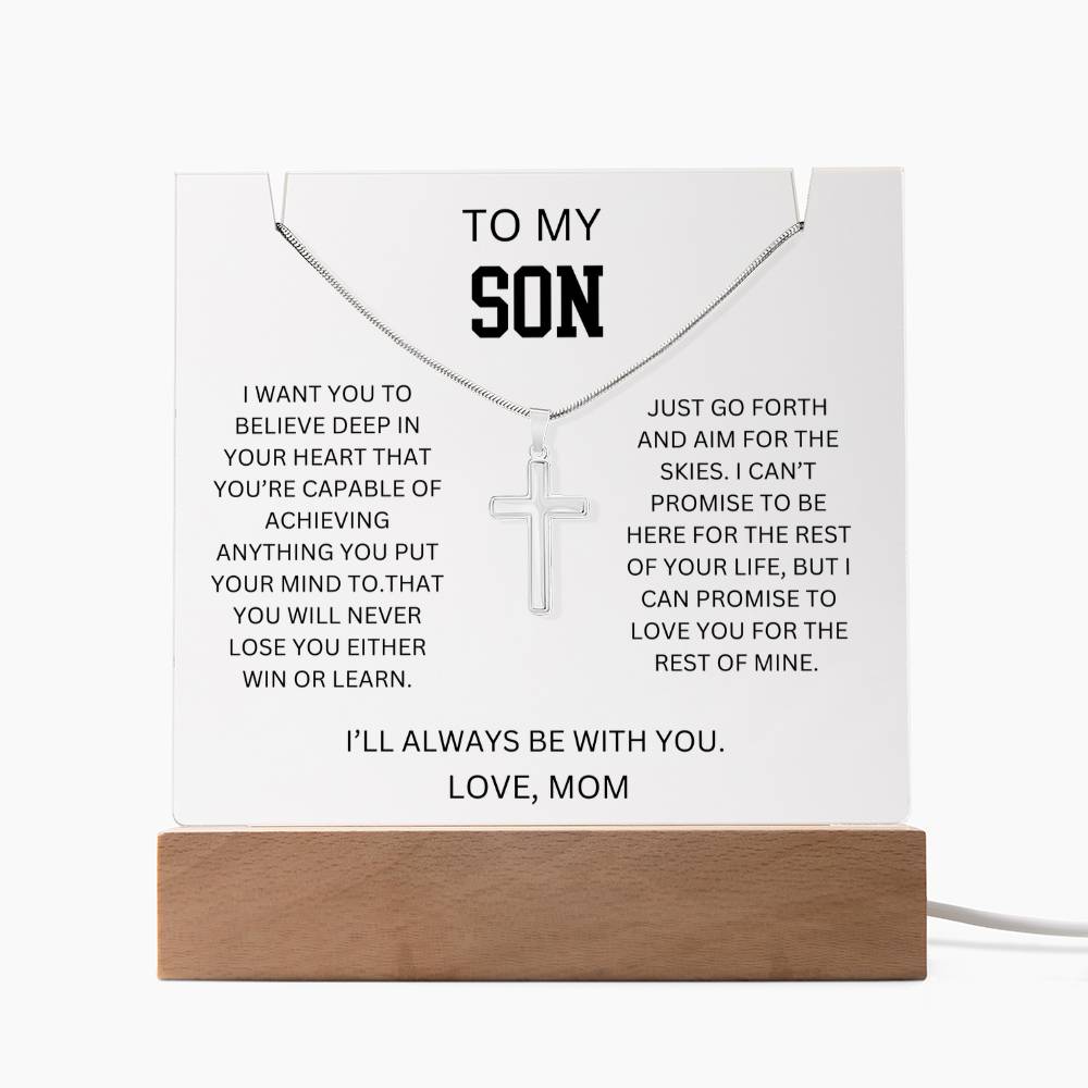 To My Son - Cross Necklace Gift Set With Acrylic Plaque From Mom
