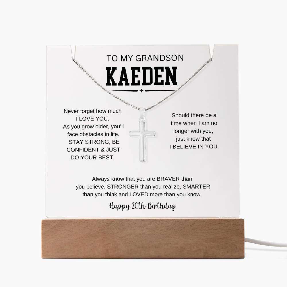 To My Grandson's 20th Birthday | I Love You | Keepsake Acrylic & Stainless Steel Cross Necklace