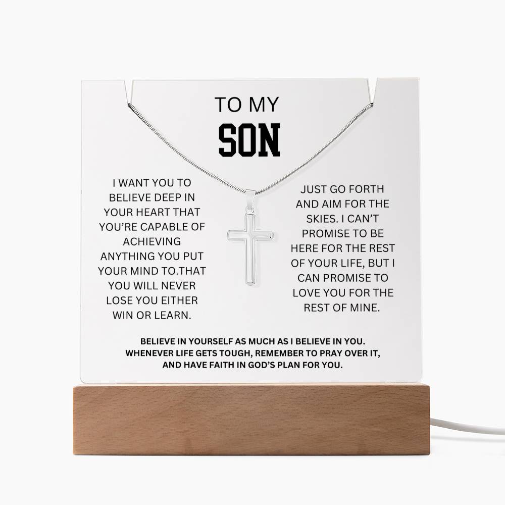 To My Son - Love You Forever Cross Necklace Gift Acrylic Plaque Set