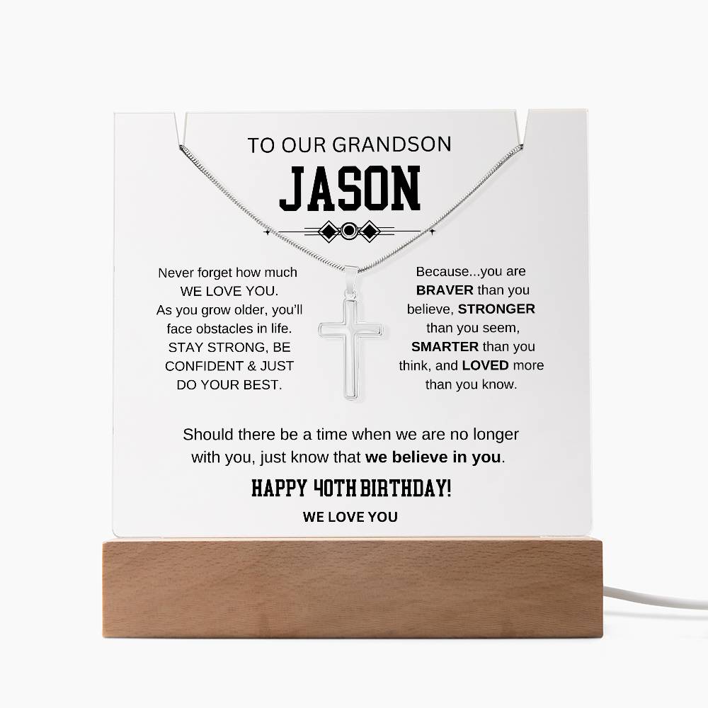 Grandson 40th Birthday Cross Necklace With Message Plaque