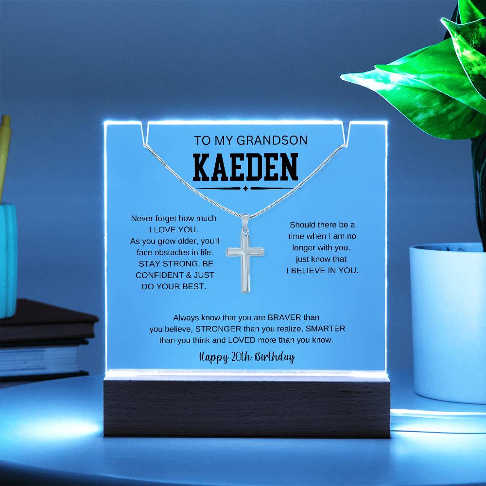 To My Grandson's 20th Birthday | I Love You | Keepsake Acrylic & Stainless Steel Cross Necklace