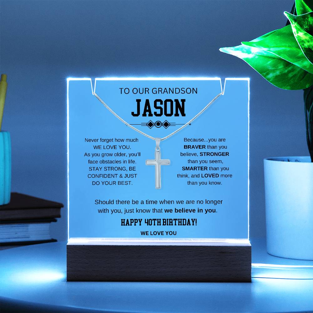 Grandson 40th Birthday Cross Necklace With Message Plaque