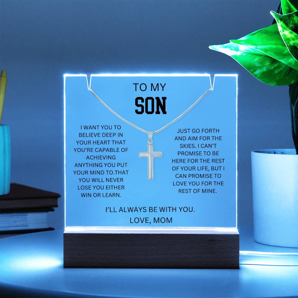 To My Son - Cross Necklace Gift Set With Acrylic Plaque From Mom