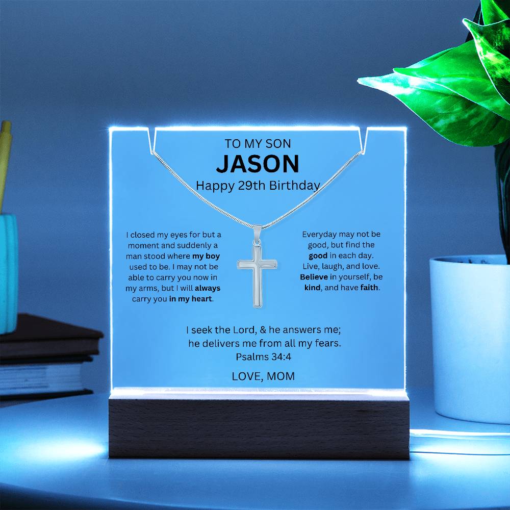 Son Cross Necklace With 29th Birthday Message Card Plaque