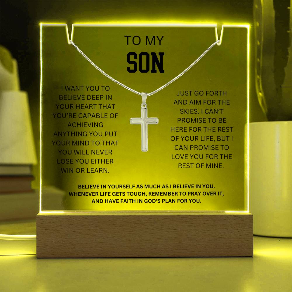 To My Son - Love You Forever Cross Necklace Gift Acrylic Plaque Set