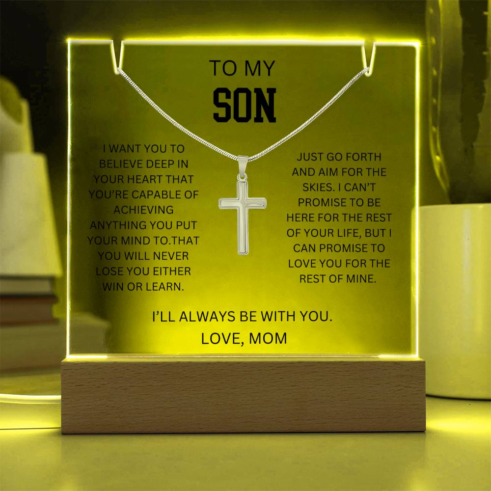 To My Son - Cross Necklace Gift Set With Acrylic Plaque From Mom