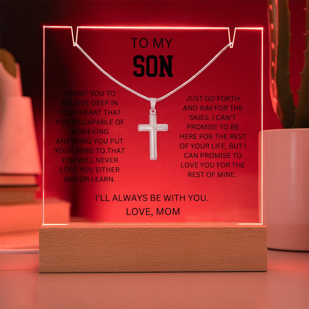 To My Son - Cross Necklace Gift Set With Acrylic Plaque From Mom