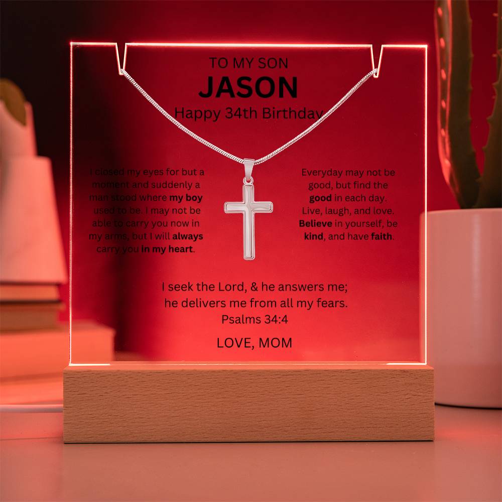 Son Cross Necklace With 34th Birthday Message Card Plaque