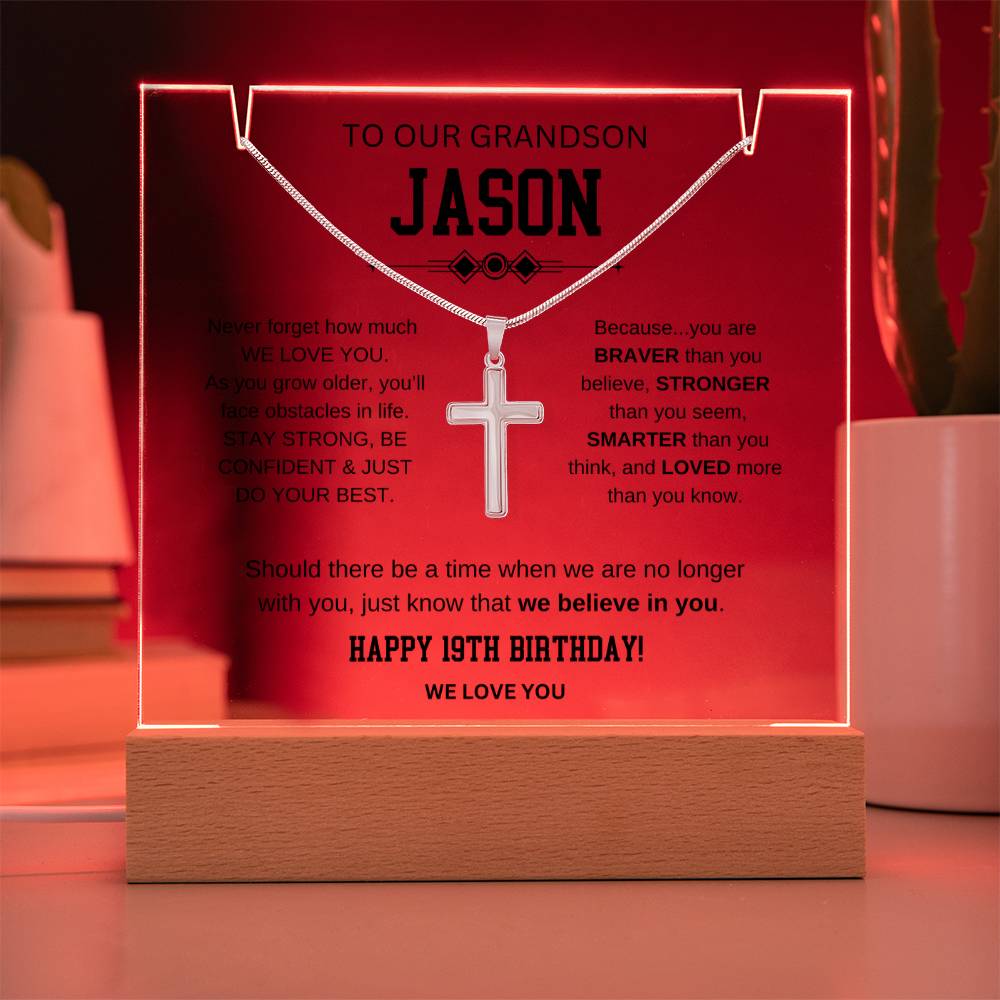 Grandson 19th Birthday Cross Necklace With Message Plaque