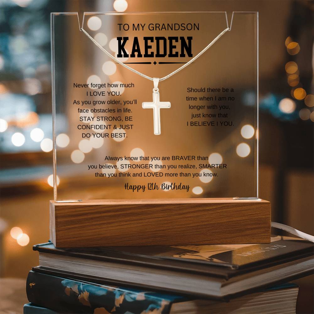 To My Grandson's 12th Birthday | I Love You | Keepsake Acrylic & Stainless Steel Cross Necklace