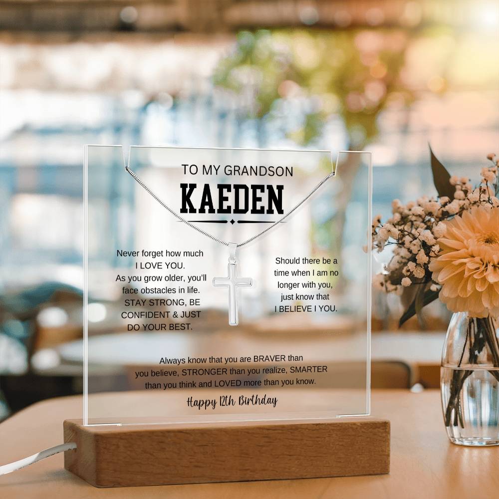 To My Grandson's 12th Birthday | I Love You | Keepsake Acrylic & Stainless Steel Cross Necklace