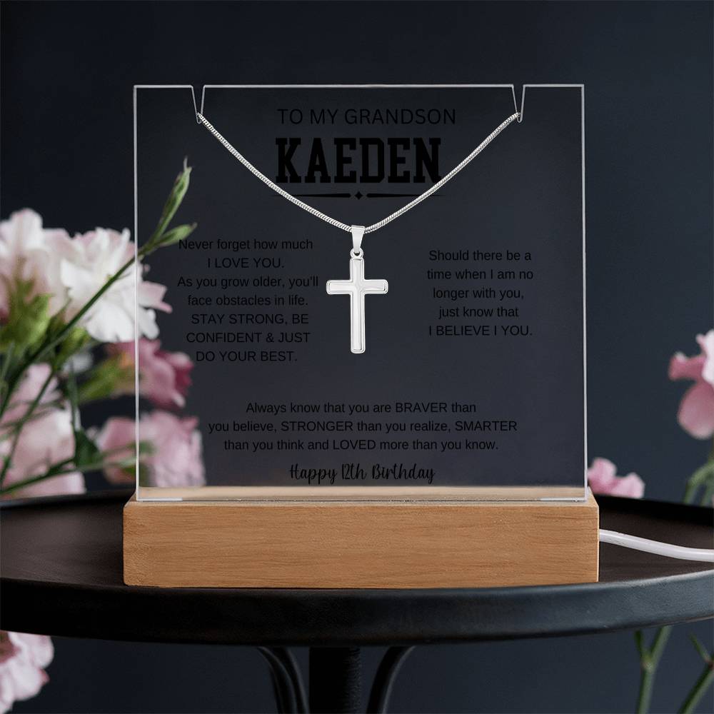 To My Grandson's 12th Birthday | I Love You | Keepsake Acrylic & Stainless Steel Cross Necklace