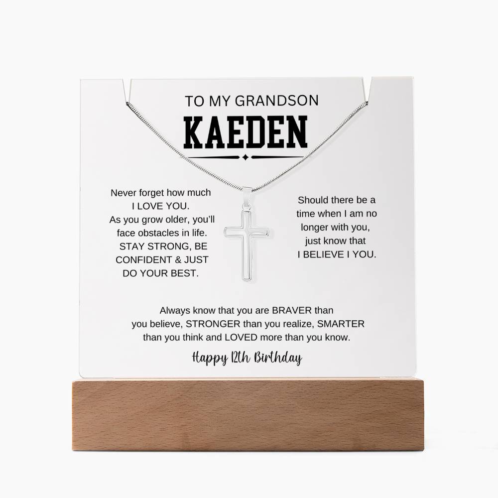 To My Grandson's 12th Birthday | I Love You | Keepsake Acrylic & Stainless Steel Cross Necklace