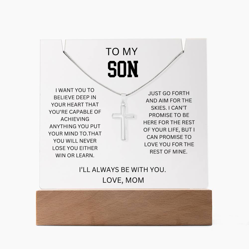 To My Son - Cross Necklace Gift Set With Acrylic Plaque From Mom