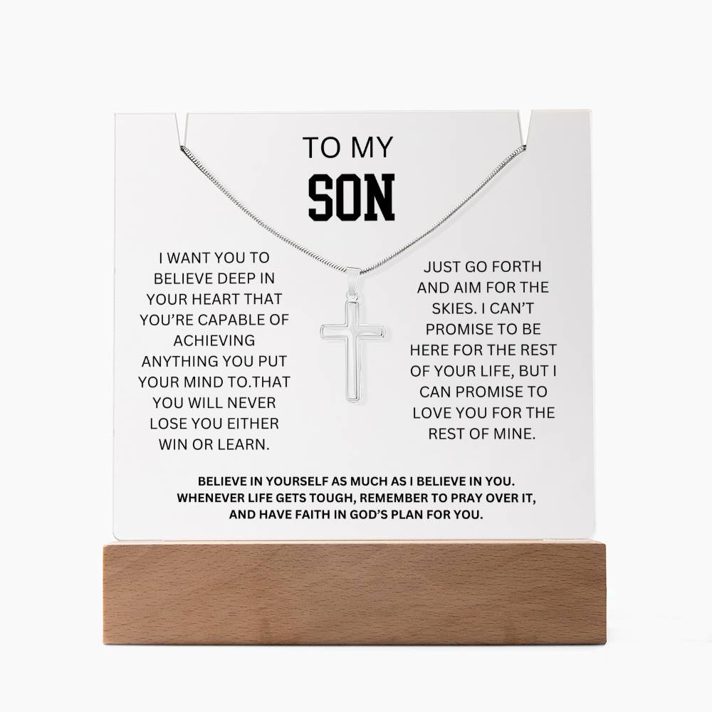 To My Son - Love You Forever Cross Necklace Gift Acrylic Plaque Set