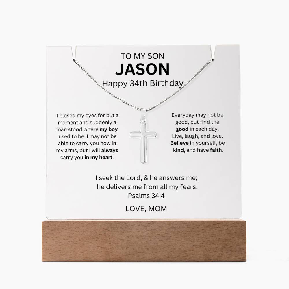 Son Cross Necklace With 34th Birthday Message Card Plaque