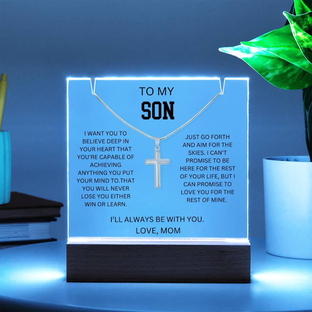 To My Son - Cross Necklace Gift Set With Acrylic Plaque From Mom