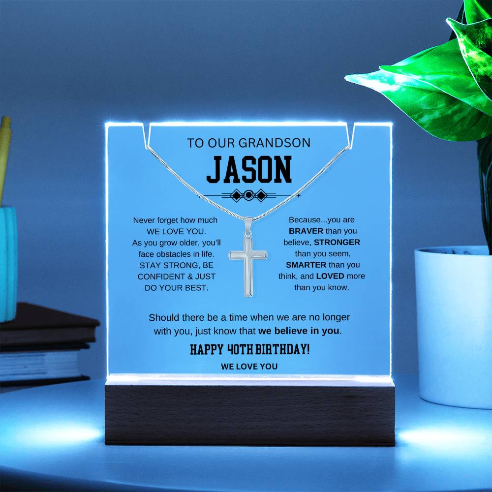 Grandson 40th Birthday Cross Necklace With Message Plaque