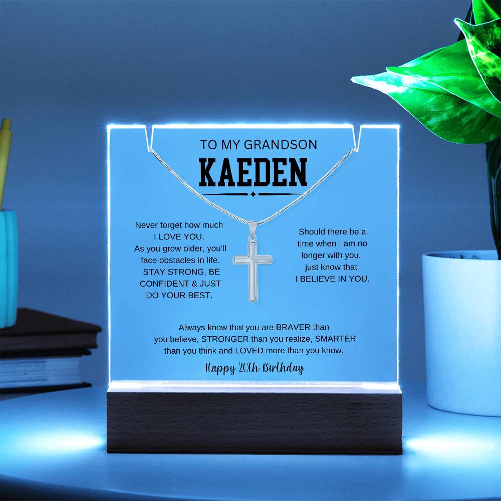 To My Grandson's 20th Birthday | I Love You | Keepsake Acrylic & Stainless Steel Cross Necklace