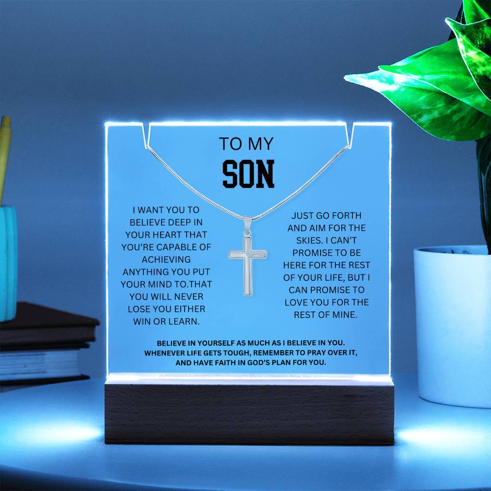 To My Son - Love You Forever Cross Necklace Gift Acrylic Plaque Set