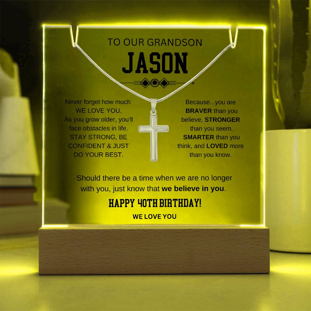 Grandson 40th Birthday Cross Necklace With Message Plaque