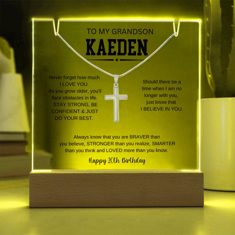 To My Grandson's 20th Birthday | I Love You | Keepsake Acrylic & Stainless Steel Cross Necklace