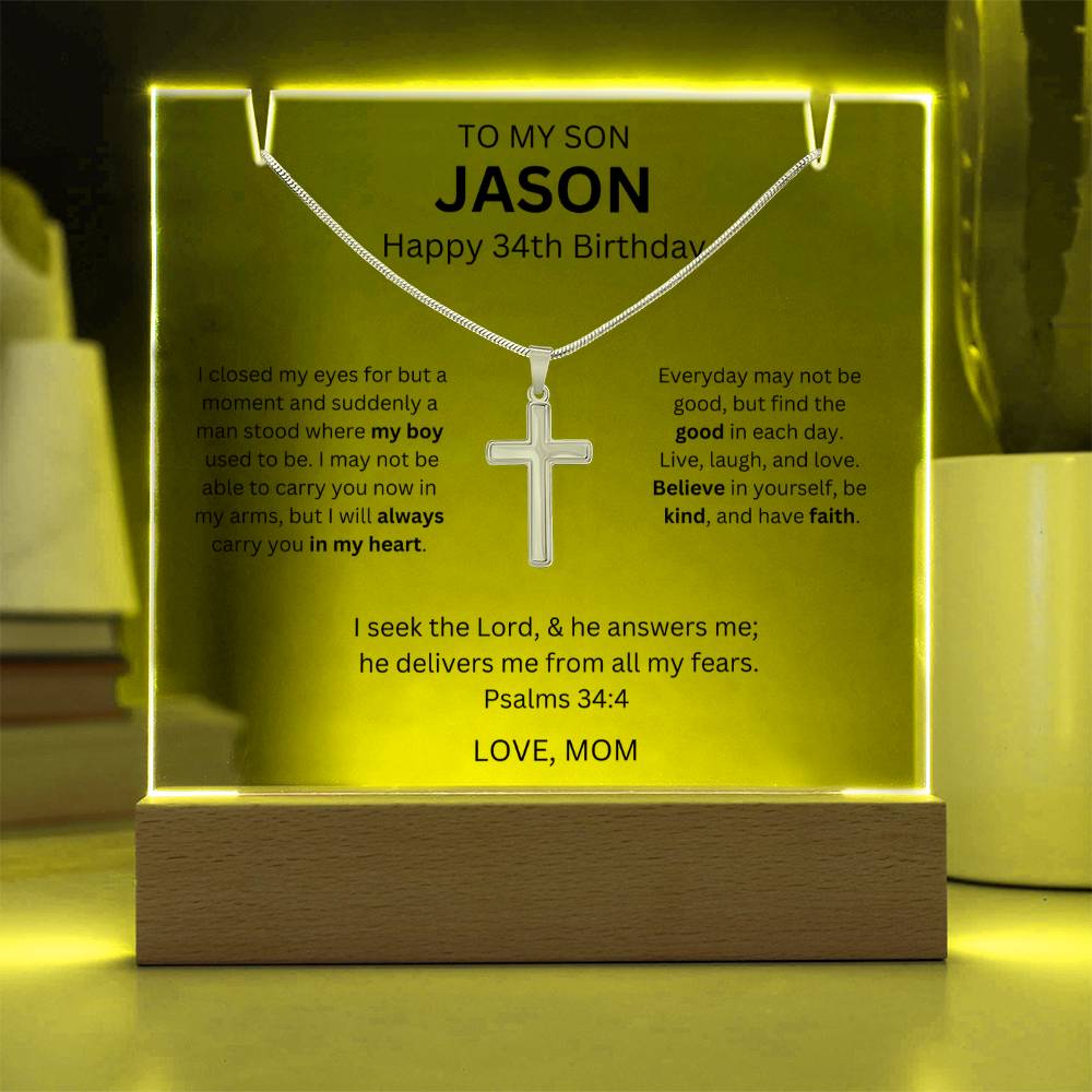 Son Cross Necklace With 34th Birthday Message Card Plaque