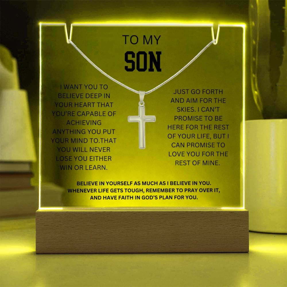 To My Son - Love You Forever Cross Necklace Gift Acrylic Plaque Set