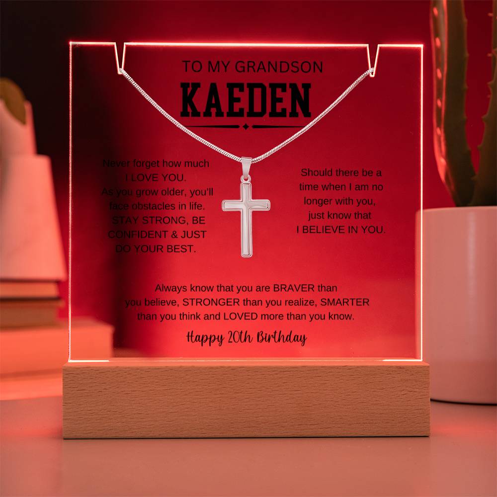 To My Grandson's 20th Birthday | I Love You | Keepsake Acrylic & Stainless Steel Cross Necklace