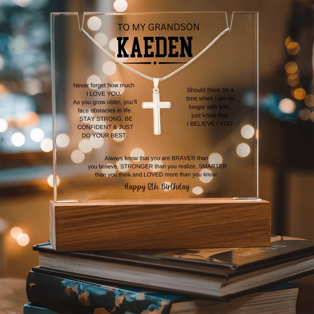 To My Grandson's 12th Birthday | I Love You | Keepsake Acrylic & Stainless Steel Cross Necklace