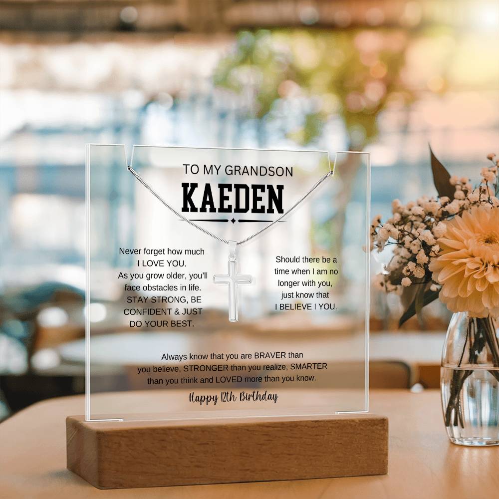 To My Grandson's 12th Birthday | I Love You | Keepsake Acrylic & Stainless Steel Cross Necklace