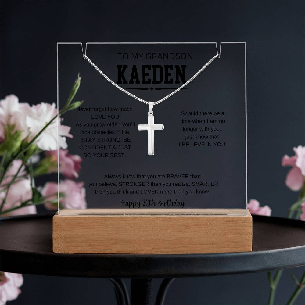 To My Grandson's 20th Birthday | I Love You | Keepsake Acrylic & Stainless Steel Cross Necklace