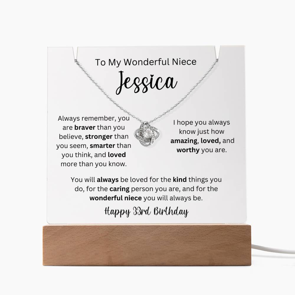 To My Wonderful Niece - Happy 33rd Birthday - Keepsake Acrylic & Love Knot Necklace