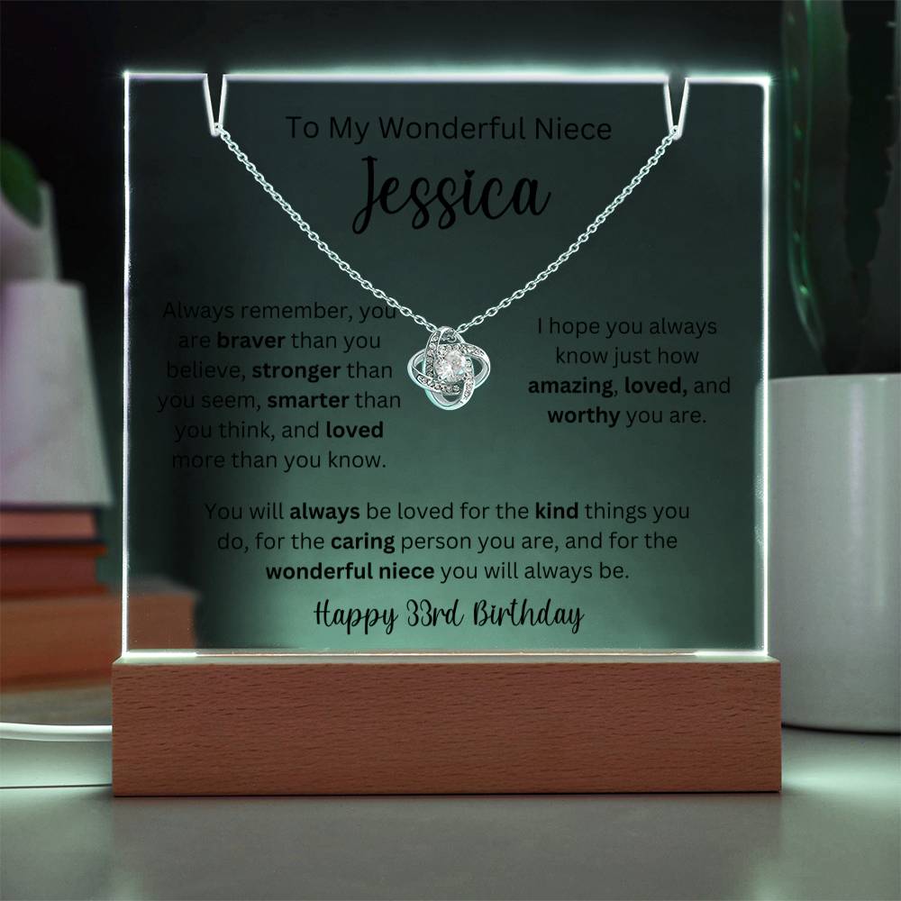 To My Wonderful Niece - Happy 33rd Birthday - Keepsake Acrylic & Love Knot Necklace
