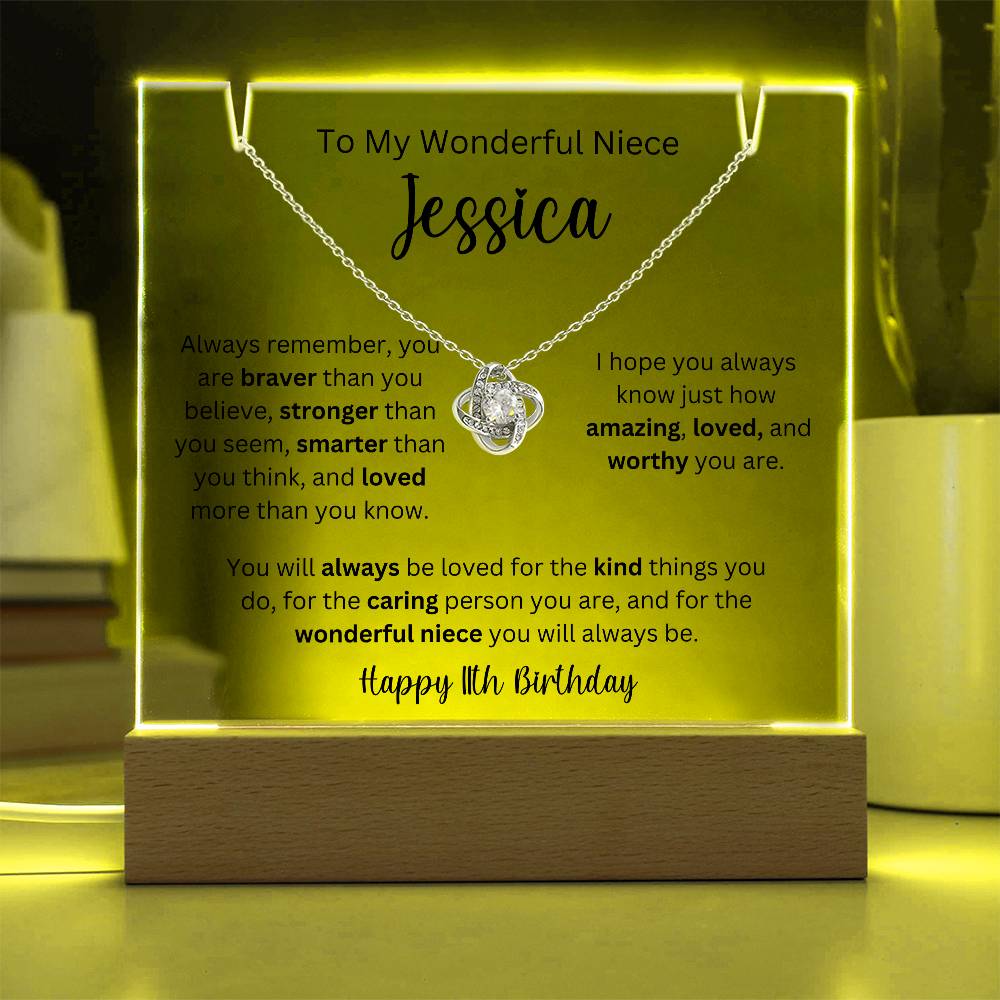 To My Wonderful Niece - Happy 11th Birthday - Keepsake Acrylic & Love Knot Necklace