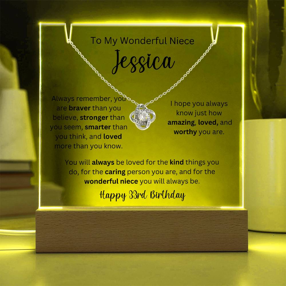 To My Wonderful Niece - Happy 33rd Birthday - Keepsake Acrylic & Love Knot Necklace