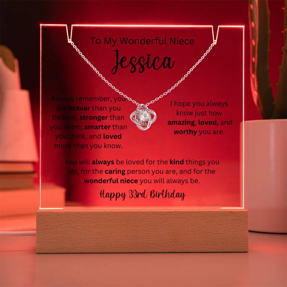 To My Wonderful Niece - Happy 33rd Birthday - Keepsake Acrylic & Love Knot Necklace