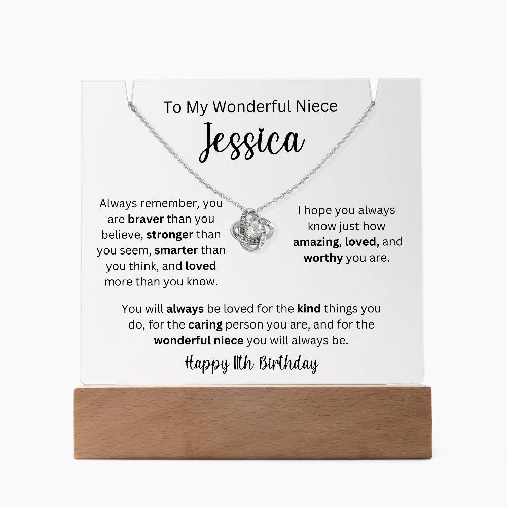 To My Wonderful Niece - Happy 11th Birthday - Keepsake Acrylic & Love Knot Necklace