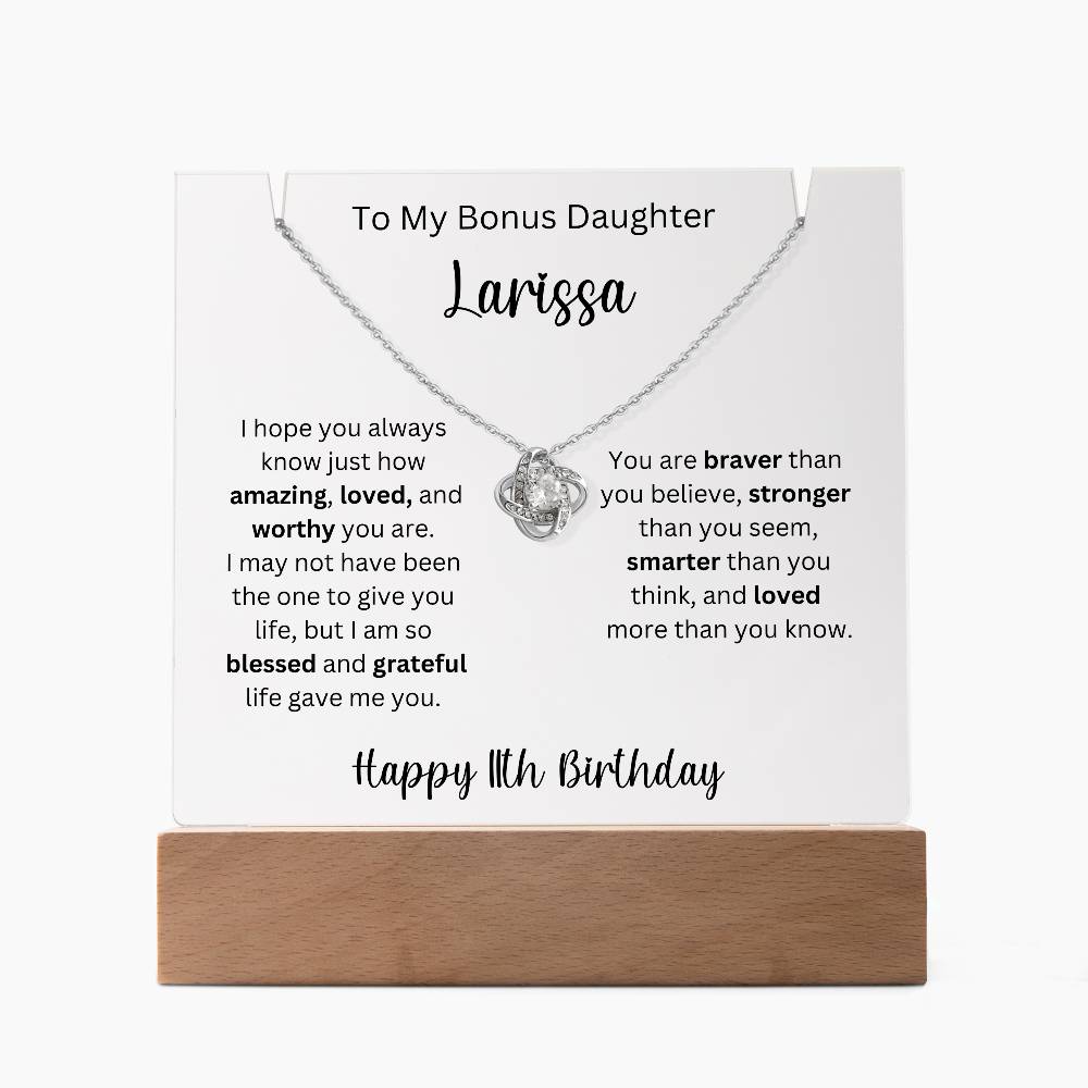 To My Bonus Daughter - Happy 11th Birthday - Keepsake Acrylic & Love Knot Necklace