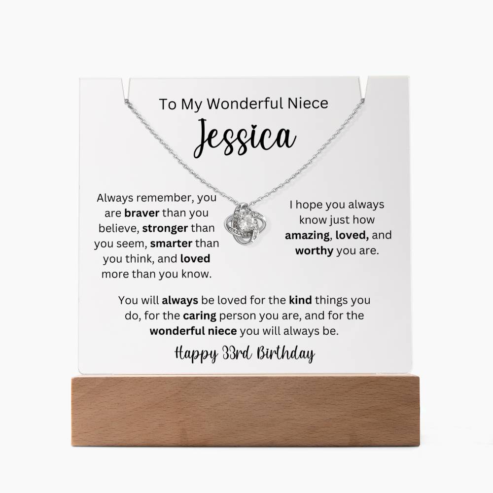 To My Wonderful Niece - Happy 33rd Birthday - Keepsake Acrylic & Love Knot Necklace