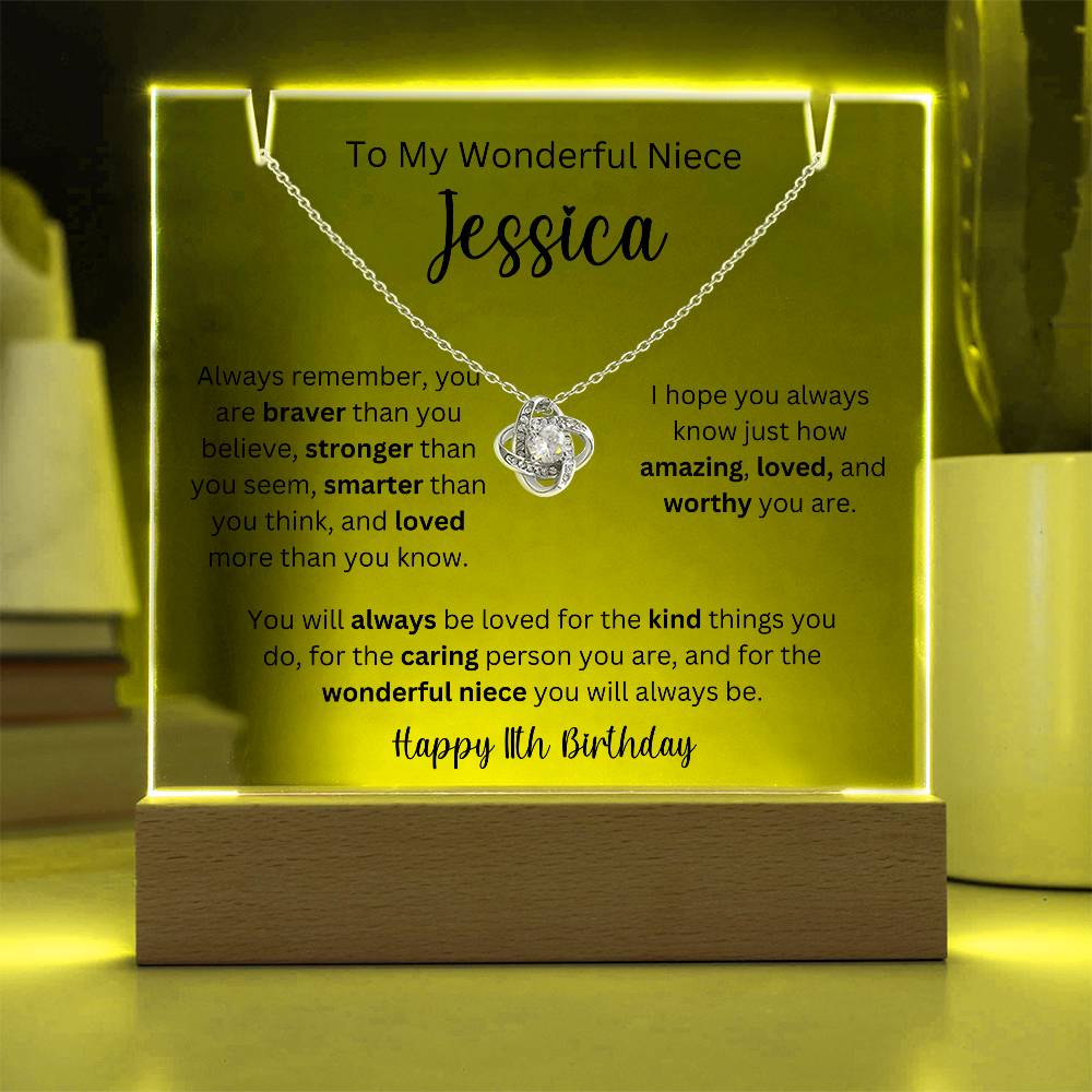 To My Wonderful Niece - Happy 11th Birthday - Keepsake Acrylic & Love Knot Necklace