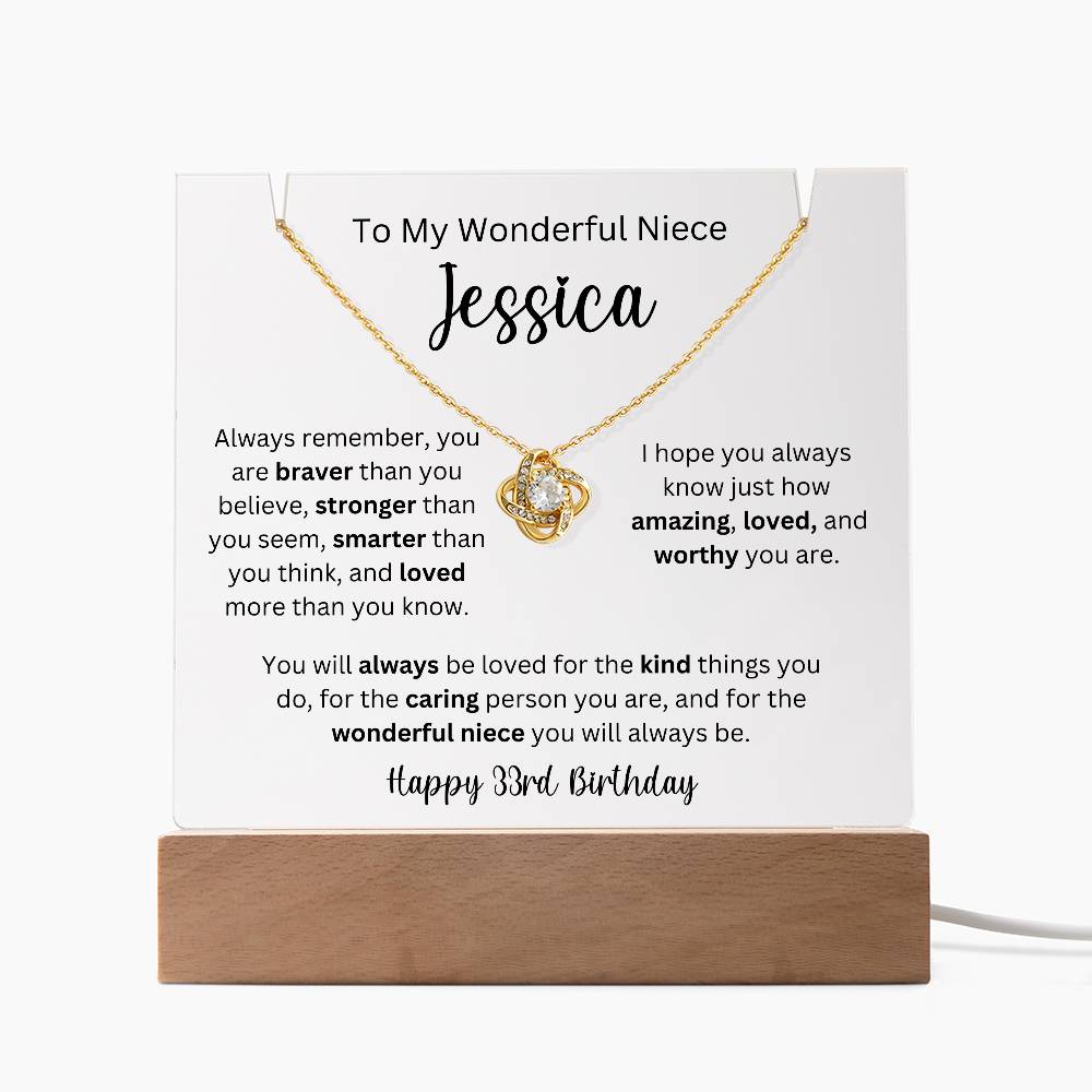 To My Wonderful Niece - Happy 33rd Birthday - Keepsake Acrylic & Love Knot Necklace