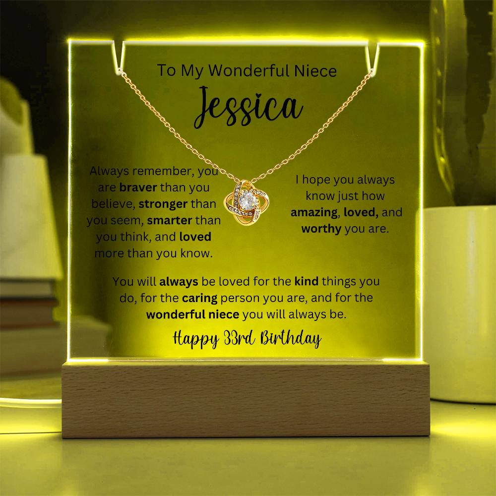 To My Wonderful Niece - Happy 33rd Birthday - Keepsake Acrylic & Love Knot Necklace